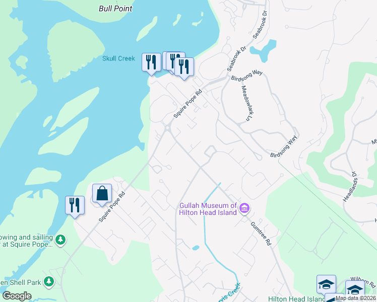 map of restaurants, bars, coffee shops, grocery stores, and more near 307 Gumtree Road in Hilton Head Island