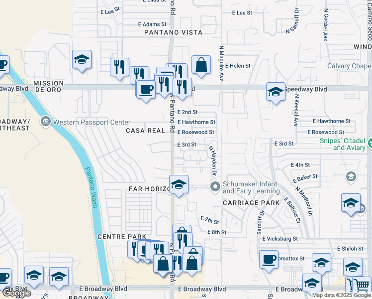 map of restaurants, bars, coffee shops, grocery stores, and more near 7972 East Colette Circle in Tucson