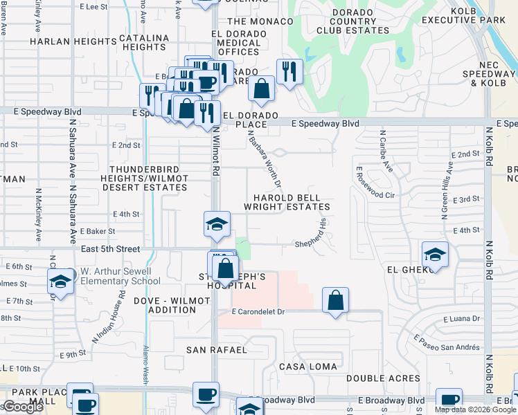 map of restaurants, bars, coffee shops, grocery stores, and more near 6411 East Brian Kent Street in Tucson