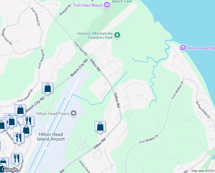 map of restaurants, bars, coffee shops, grocery stores, and more near 152 Dillon Road in Hilton Head Island