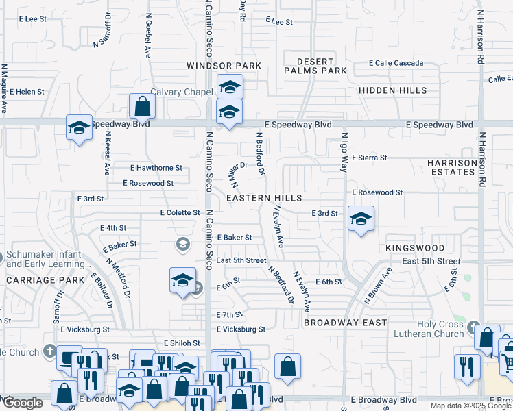 map of restaurants, bars, coffee shops, grocery stores, and more near 742 North Bedford Drive in Tucson