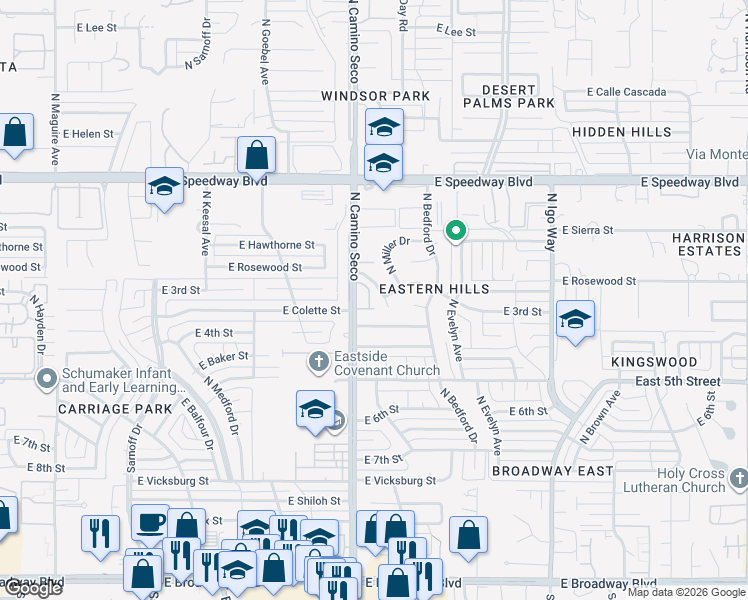 map of restaurants, bars, coffee shops, grocery stores, and more near 8700 East Terrace Place in Tucson