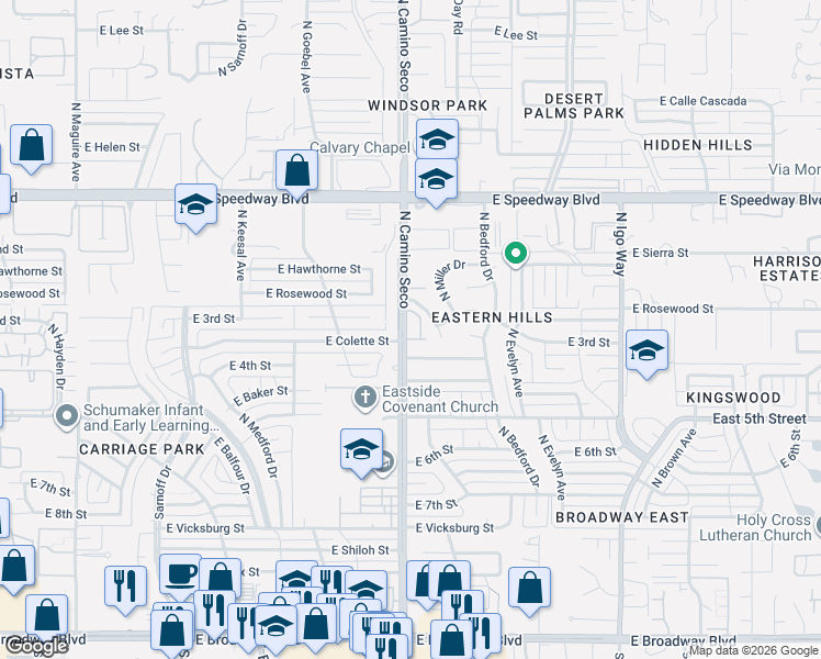 map of restaurants, bars, coffee shops, grocery stores, and more near 8700 East Terrace Place in Tucson