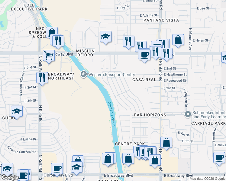 map of restaurants, bars, coffee shops, grocery stores, and more near 7570 E Speedway Blvd in Tucson