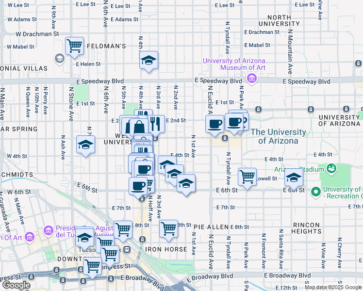 map of restaurants, bars, coffee shops, grocery stores, and more near 701 North 2nd Avenue in Tucson