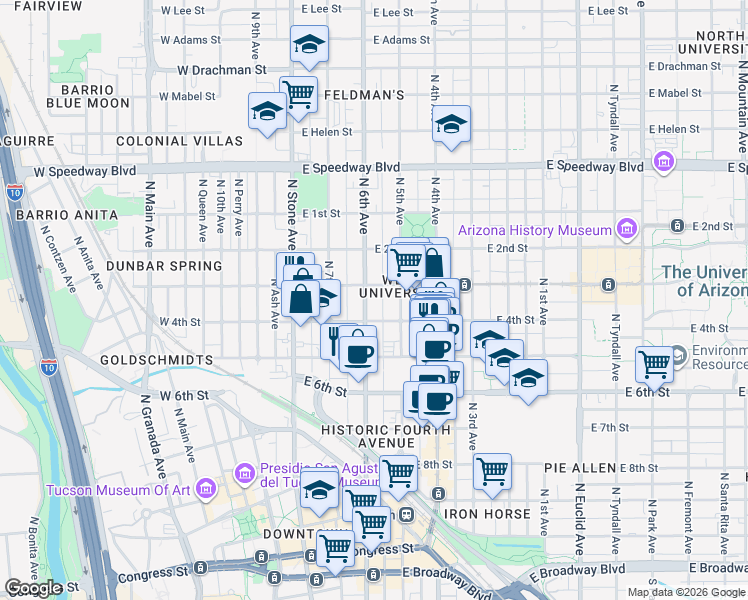 map of restaurants, bars, coffee shops, grocery stores, and more near 700 North 6th Avenue in Tucson