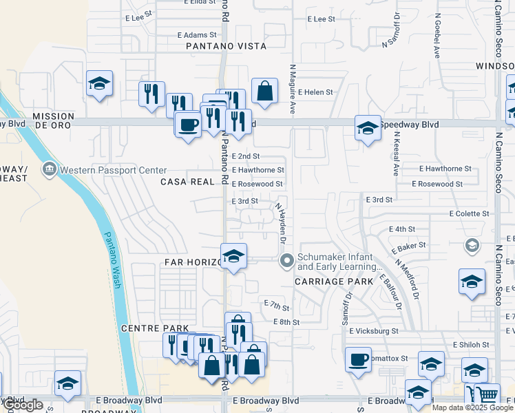 map of restaurants, bars, coffee shops, grocery stores, and more near 7952 East Colette Circle in Tucson