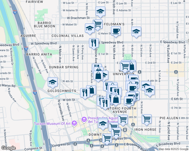 map of restaurants, bars, coffee shops, grocery stores, and more near 1 West University Boulevard in Tucson