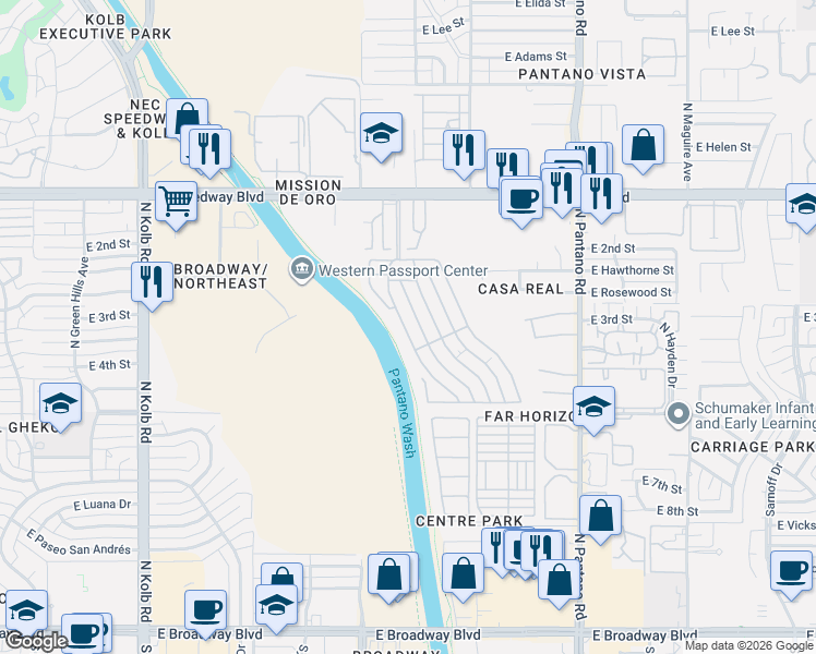 map of restaurants, bars, coffee shops, grocery stores, and more near 7570 E Speedway Blvd in Tucson