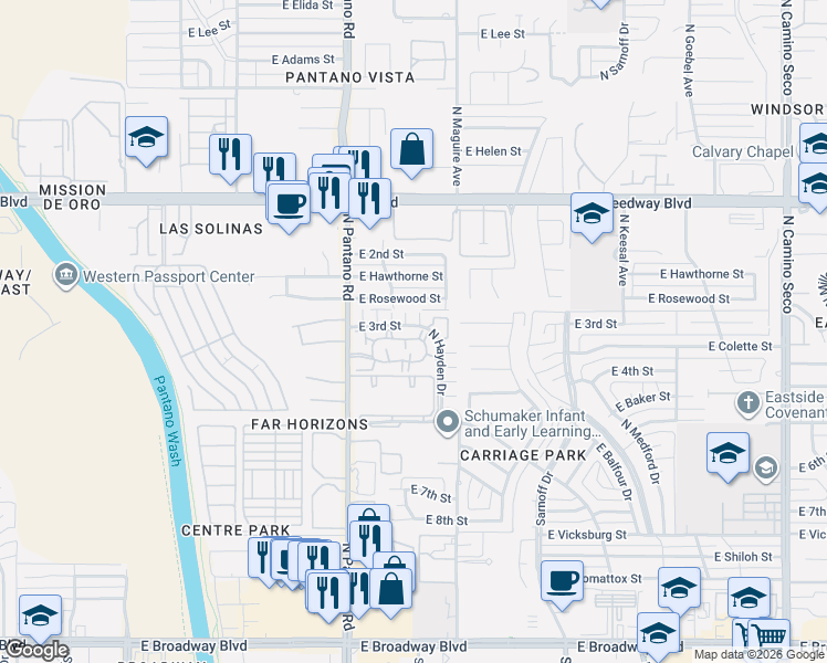 map of restaurants, bars, coffee shops, grocery stores, and more near 7917 East Colette Circle in Tucson