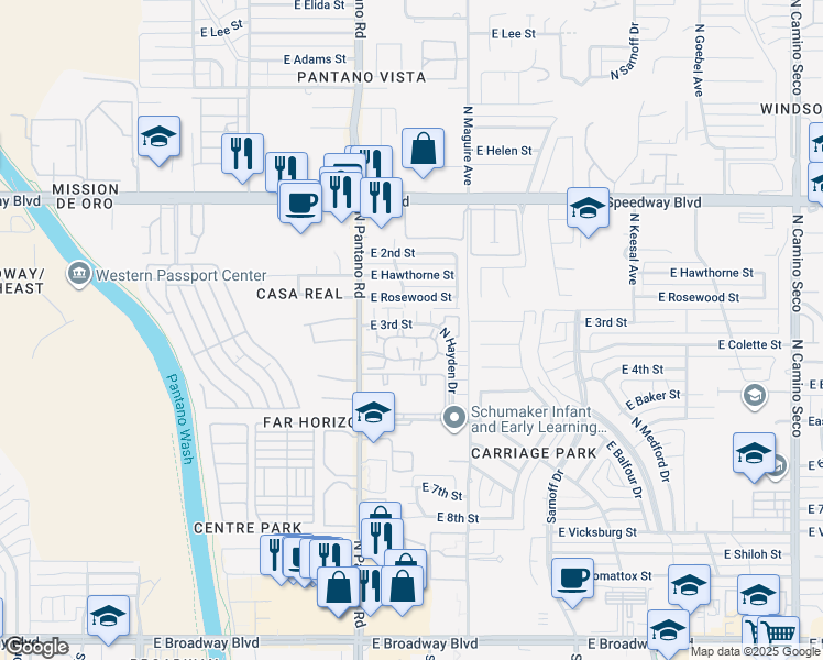 map of restaurants, bars, coffee shops, grocery stores, and more near 7917 East Colette Circle in Tucson