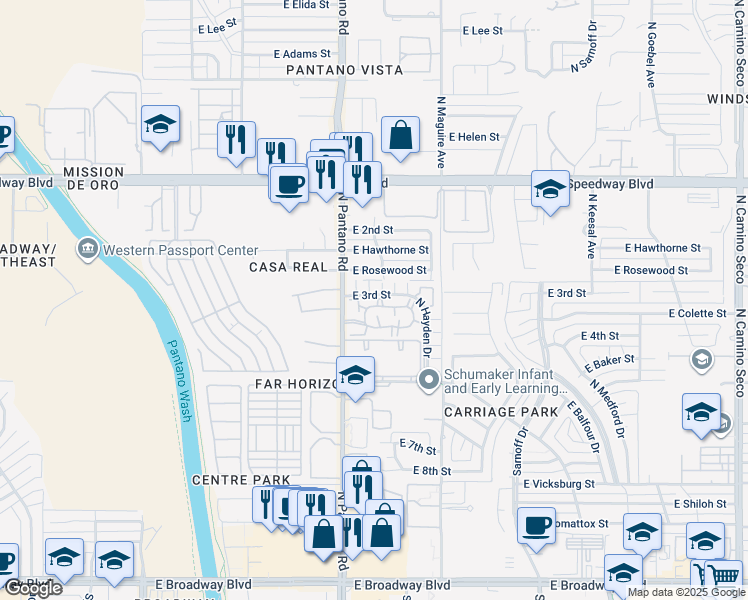 map of restaurants, bars, coffee shops, grocery stores, and more near 7972 East Colette Circle in Tucson