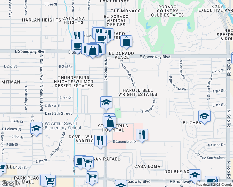map of restaurants, bars, coffee shops, grocery stores, and more near 6411 East Brian Kent Street in Tucson
