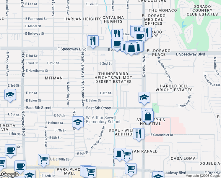 map of restaurants, bars, coffee shops, grocery stores, and more near 710 North Alamo Avenue in Tucson