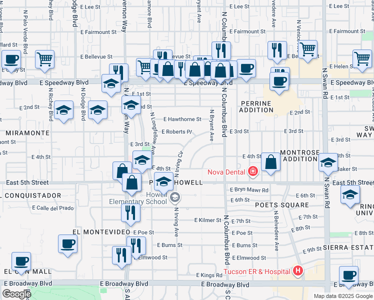 map of restaurants, bars, coffee shops, grocery stores, and more near 624 North Texas Circle in Tucson