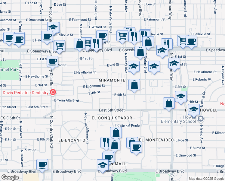 map of restaurants, bars, coffee shops, grocery stores, and more near 3524 East 4th Street in Tucson