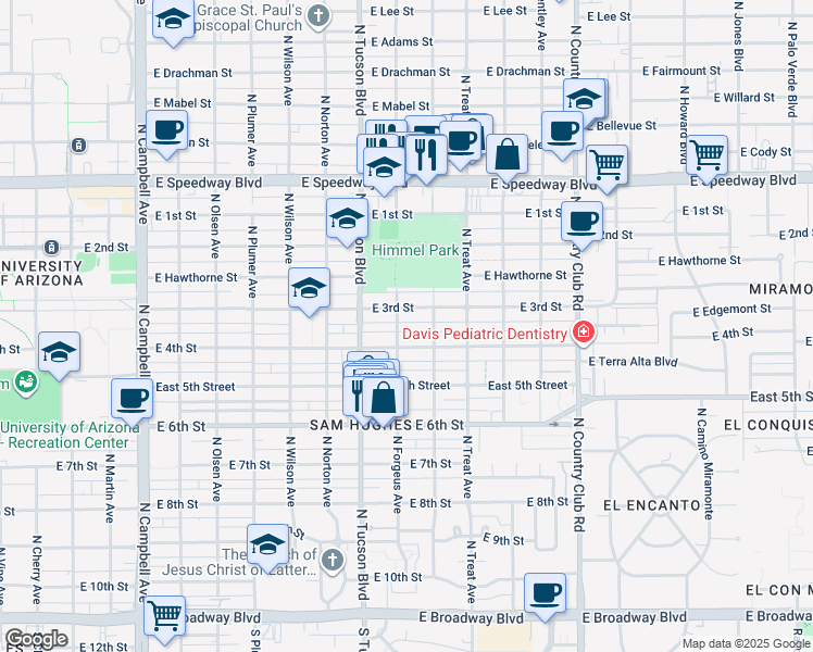 map of restaurants, bars, coffee shops, grocery stores, and more near 2539 East 4th Street in Tucson