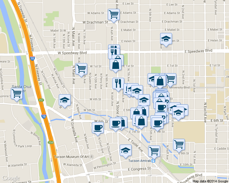 map of restaurants, bars, coffee shops, grocery stores, and more near 702 North Stone Avenue in Tucson