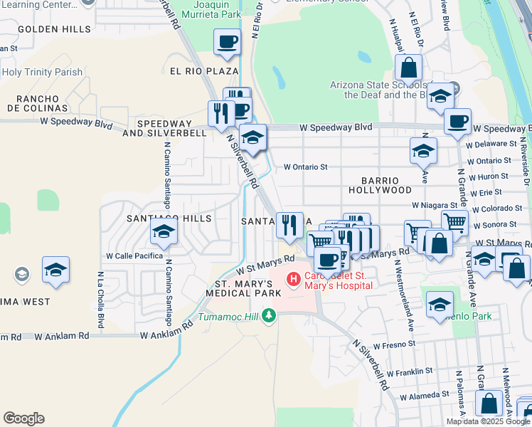 map of restaurants, bars, coffee shops, grocery stores, and more near 601 North San Jose Avenue in Tucson