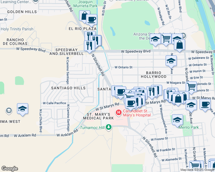 map of restaurants, bars, coffee shops, grocery stores, and more near 601 North San Jose Avenue in Tucson