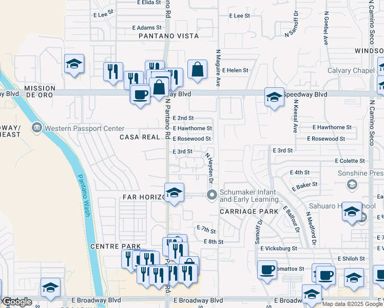 map of restaurants, bars, coffee shops, grocery stores, and more near 7917 East Colette Circle in Tucson