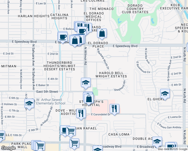 map of restaurants, bars, coffee shops, grocery stores, and more near 6411 East Brian Kent Street in Tucson