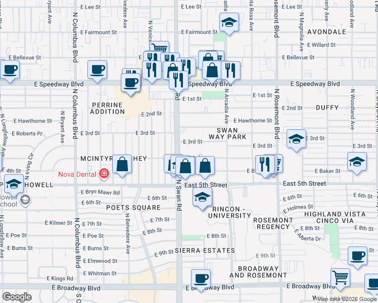 map of restaurants, bars, coffee shops, grocery stores, and more near 4735 East 4th Street in Tucson