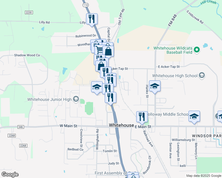 map of restaurants, bars, coffee shops, grocery stores, and more near 406 Highway 110 in Whitehouse