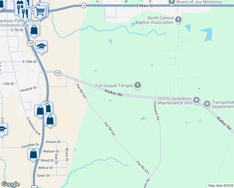 map of restaurants, bars, coffee shops, grocery stores, and more near 684 Walker Road in Jonesboro