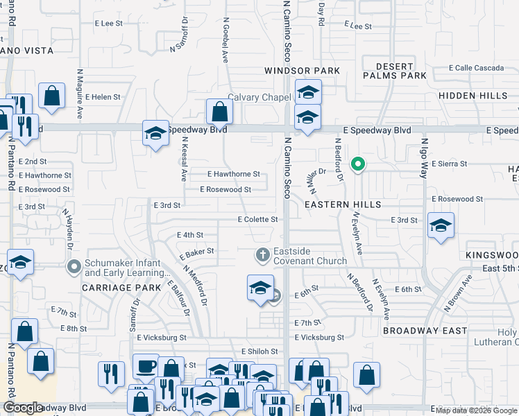 map of restaurants, bars, coffee shops, grocery stores, and more near 8630 East Rosewood Street in Tucson