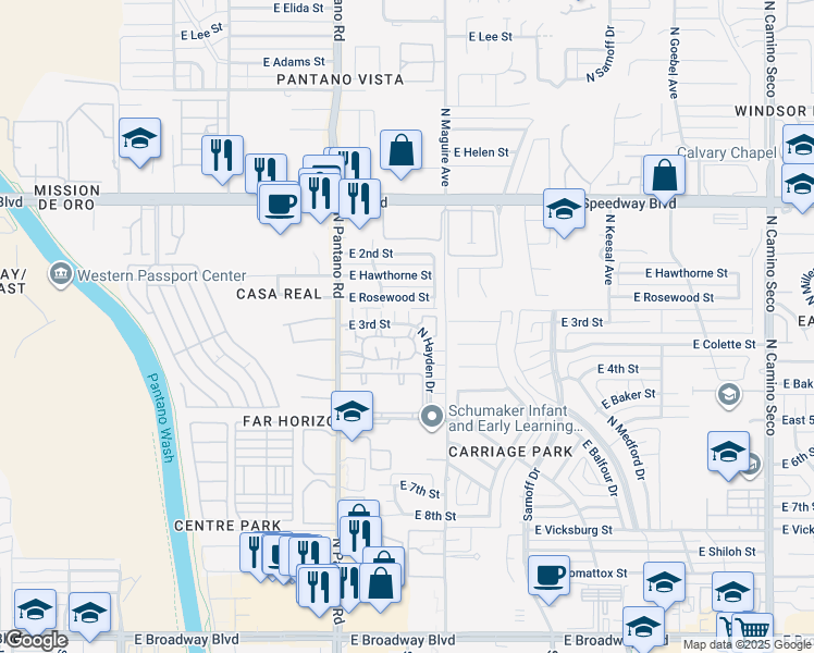 map of restaurants, bars, coffee shops, grocery stores, and more near 8002 East Rosewood Street in Tucson