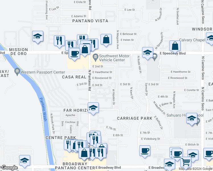 map of restaurants, bars, coffee shops, grocery stores, and more near 8002 East Rosewood Street in Tucson