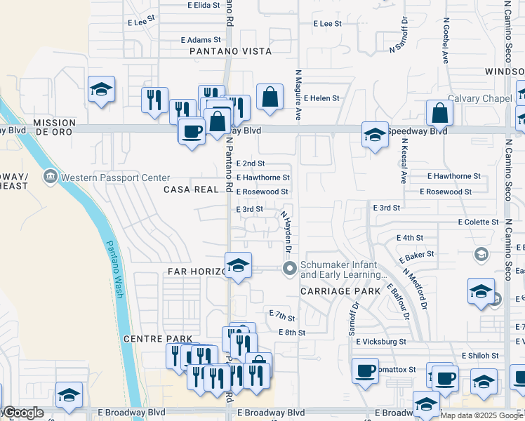 map of restaurants, bars, coffee shops, grocery stores, and more near 8002 East Rosewood Street in Tucson