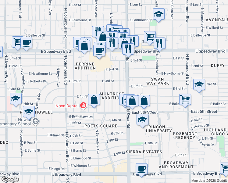 map of restaurants, bars, coffee shops, grocery stores, and more near 813 North Venice Avenue in Tucson