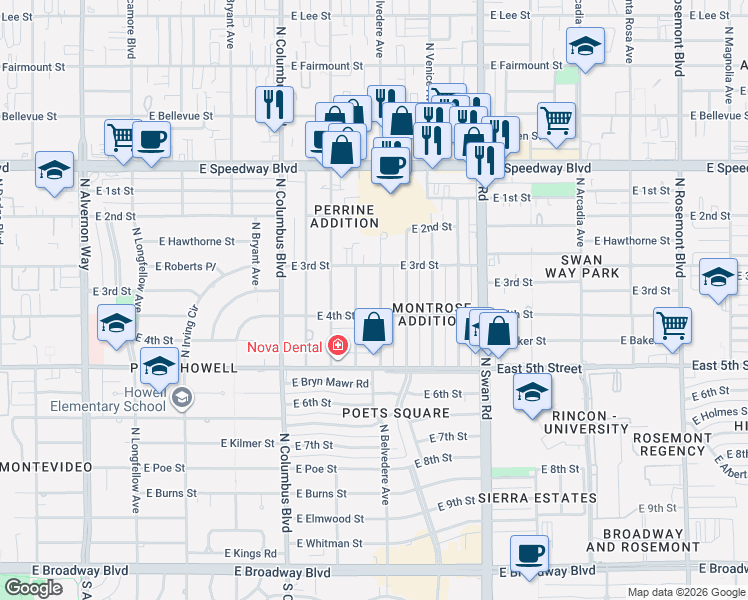 map of restaurants, bars, coffee shops, grocery stores, and more near 814 North Belvedere Avenue in Tucson