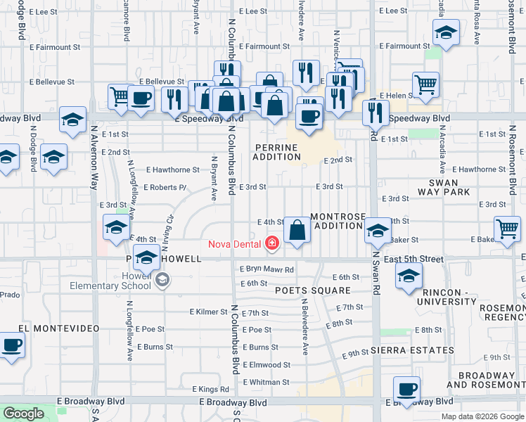 map of restaurants, bars, coffee shops, grocery stores, and more near 817 North Catalina Avenue in Tucson