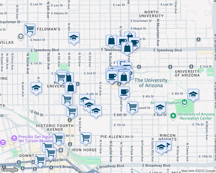 map of restaurants, bars, coffee shops, grocery stores, and more near in Tucson