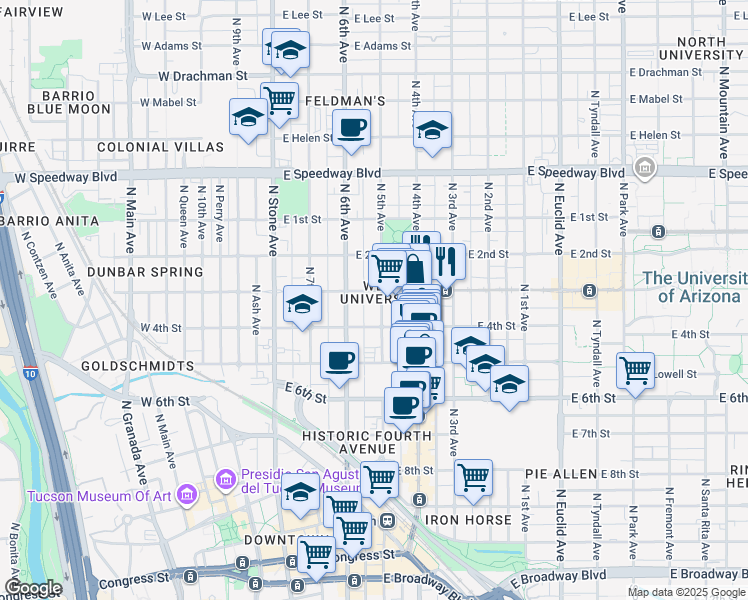 map of restaurants, bars, coffee shops, grocery stores, and more near 305 East University Boulevard in Tucson
