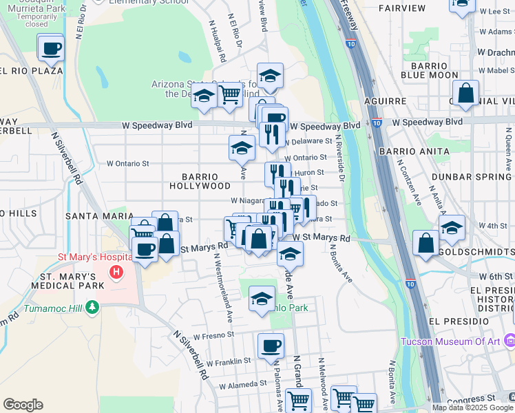 map of restaurants, bars, coffee shops, grocery stores, and more near 1212 West Niagara Street in Tucson