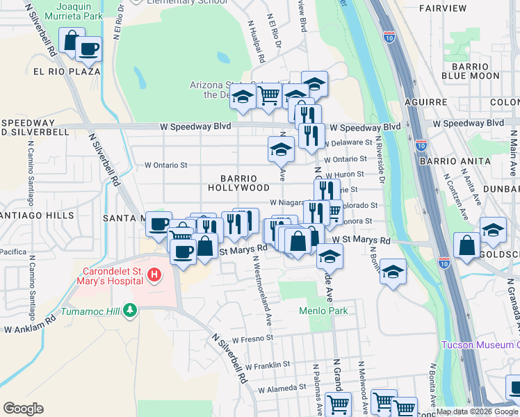 map of restaurants, bars, coffee shops, grocery stores, and more near 1322 West Niagara Street in Tucson