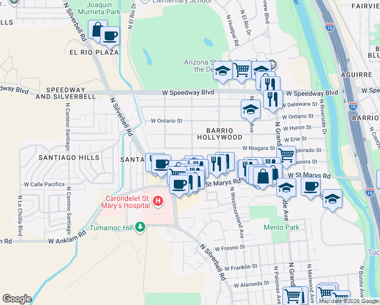 map of restaurants, bars, coffee shops, grocery stores, and more near 706 North Cherokee Avenue in Tucson