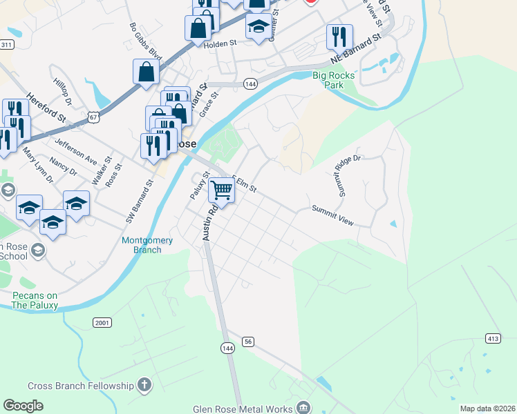 map of restaurants, bars, coffee shops, grocery stores, and more near 500 East Elm Street in Glen Rose