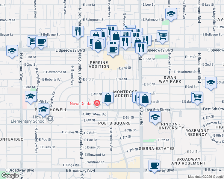 map of restaurants, bars, coffee shops, grocery stores, and more near 814 North Belvedere Avenue in Tucson