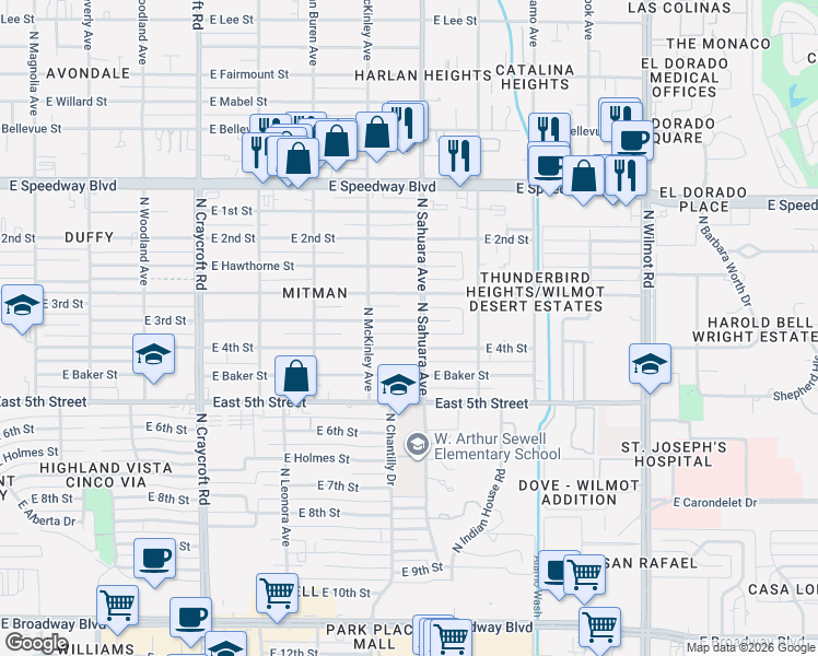 map of restaurants, bars, coffee shops, grocery stores, and more near 5850 East 3rd Street in Tucson