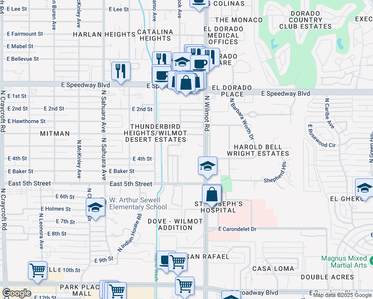 map of restaurants, bars, coffee shops, grocery stores, and more near 899 North Wilmot Road in Tucson