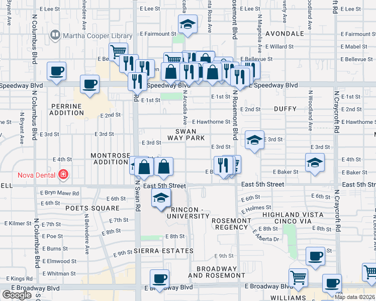 map of restaurants, bars, coffee shops, grocery stores, and more near 4919 East 3rd Street in Tucson