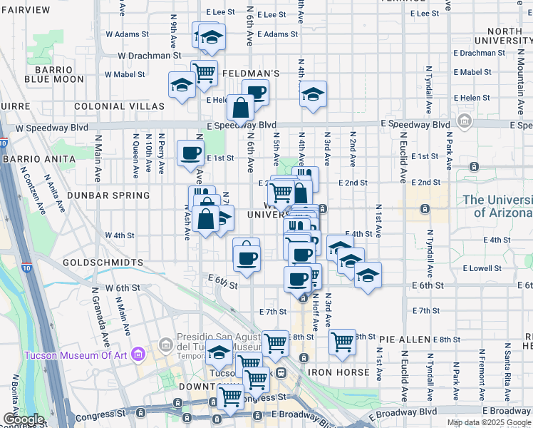 map of restaurants, bars, coffee shops, grocery stores, and more near 205 East University Boulevard in Tucson