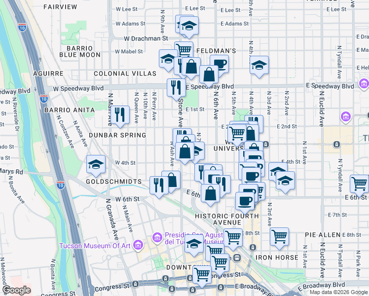 map of restaurants, bars, coffee shops, grocery stores, and more near 7 East University Boulevard in Tucson