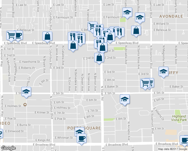 map of restaurants, bars, coffee shops, grocery stores, and more near 719 North Benton Avenue in Tucson