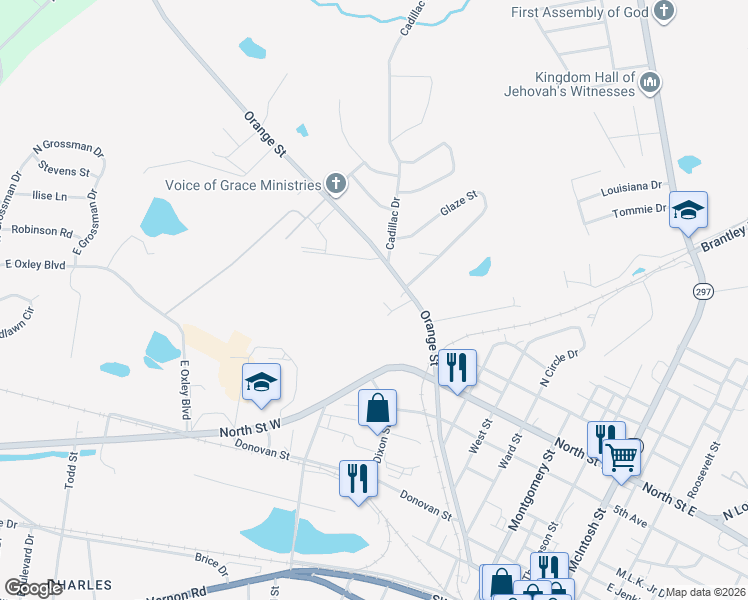 map of restaurants, bars, coffee shops, grocery stores, and more near 1102 Orange Street in Vidalia